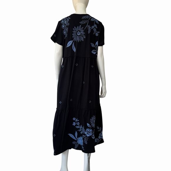 Johnny Was Lyra Tiered Black Cotton Blue Floral Embroidered Dress XL - Picture 5 of 6
